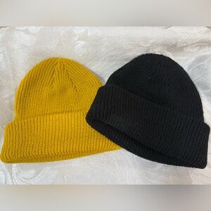 (2) beanie knit hats mustard black unisex